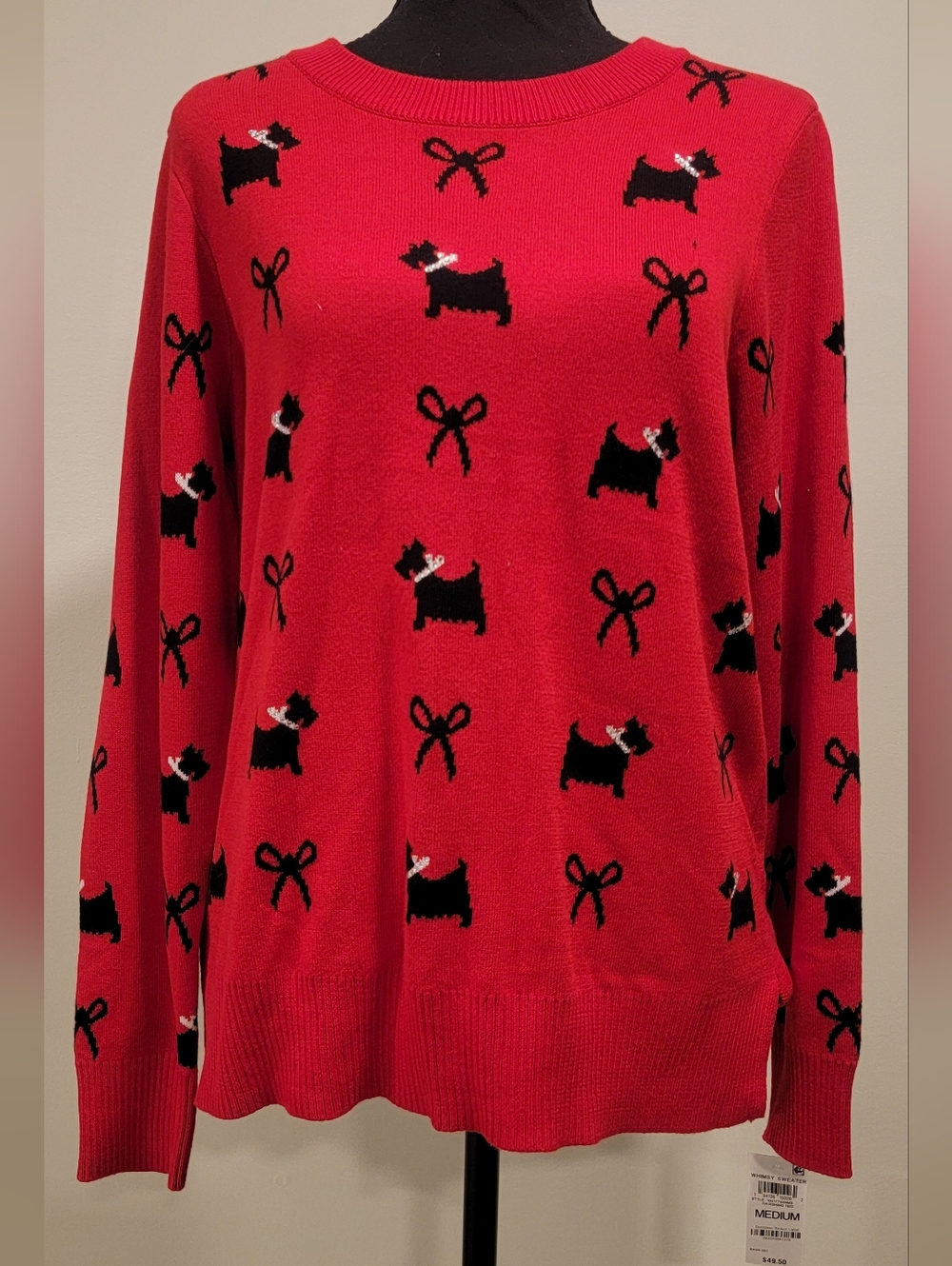 Karen Scott Red Sweater with Black Scottie Dog & Bow Motif